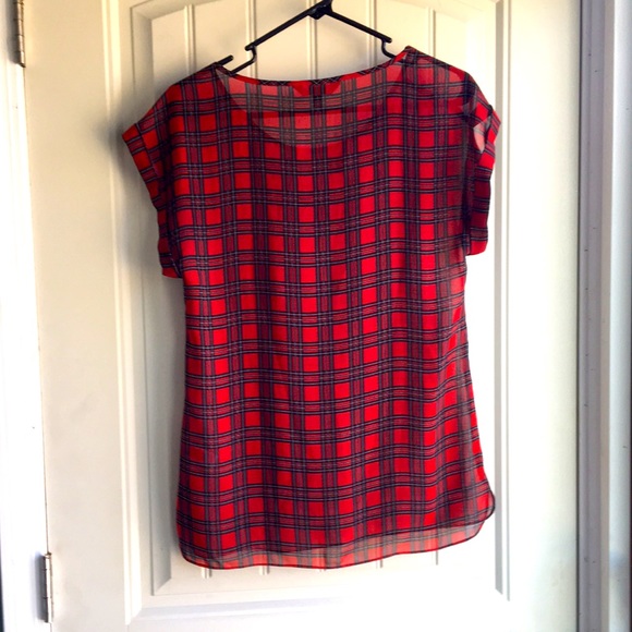 Express Red Plaid Silky Short Sleeve Top - Picture 2 of 5